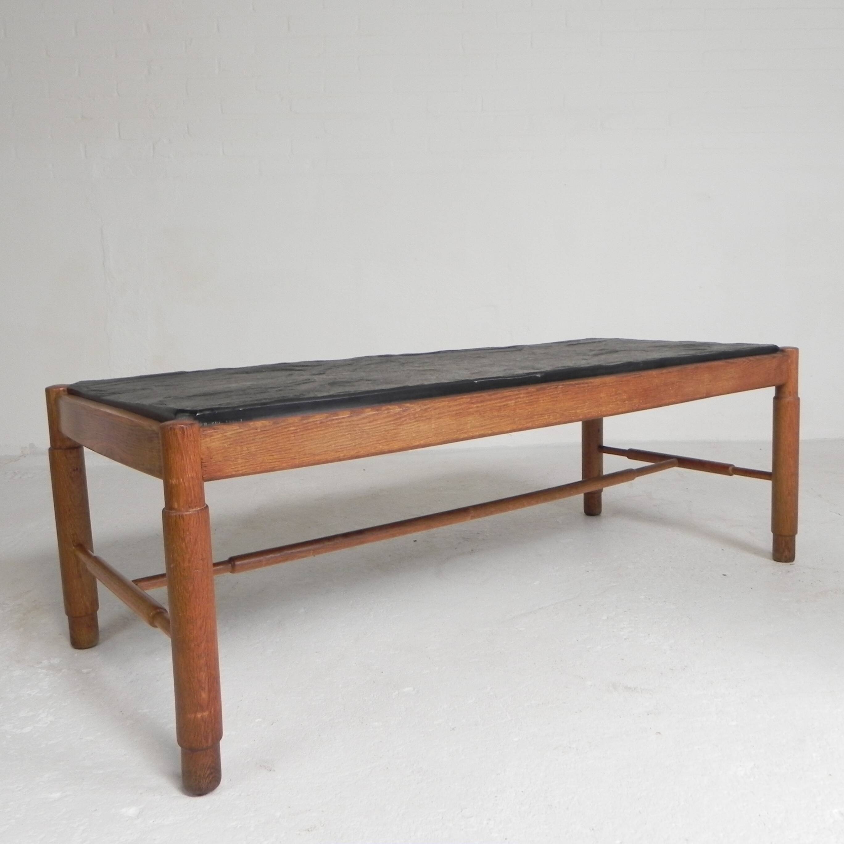 Vintage oak coffee table with a slate top in an oak frame, 1960s.
