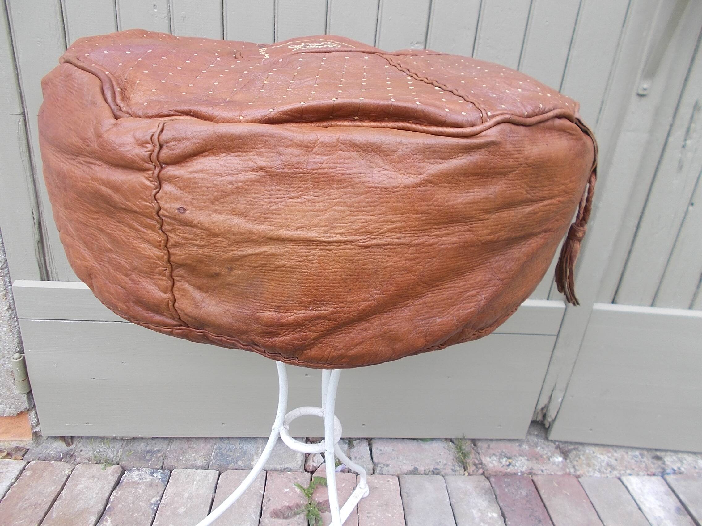 large vintage Moroccan leather pouf