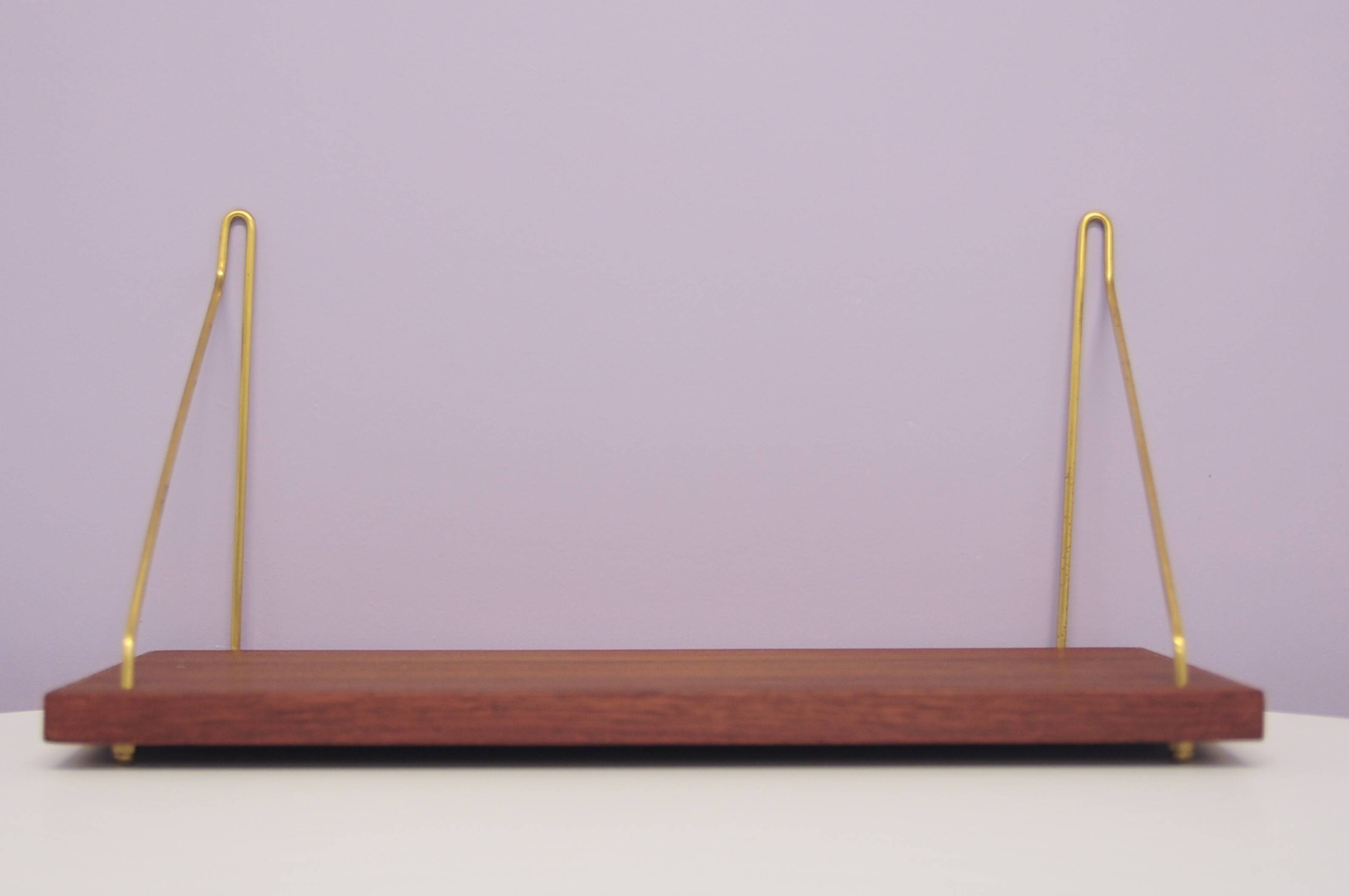 Danish vintage teak wall shelf brass supports