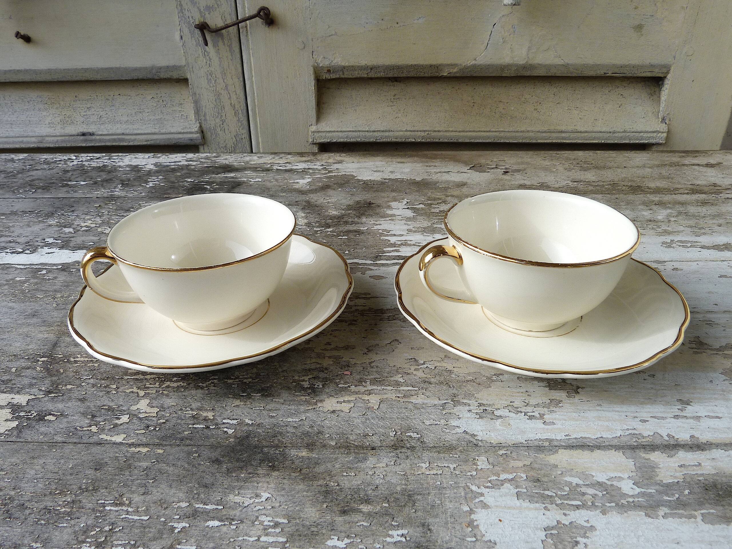 2 Villeroy & Boch Mettlach Ivory and Gold Cups and Saucers