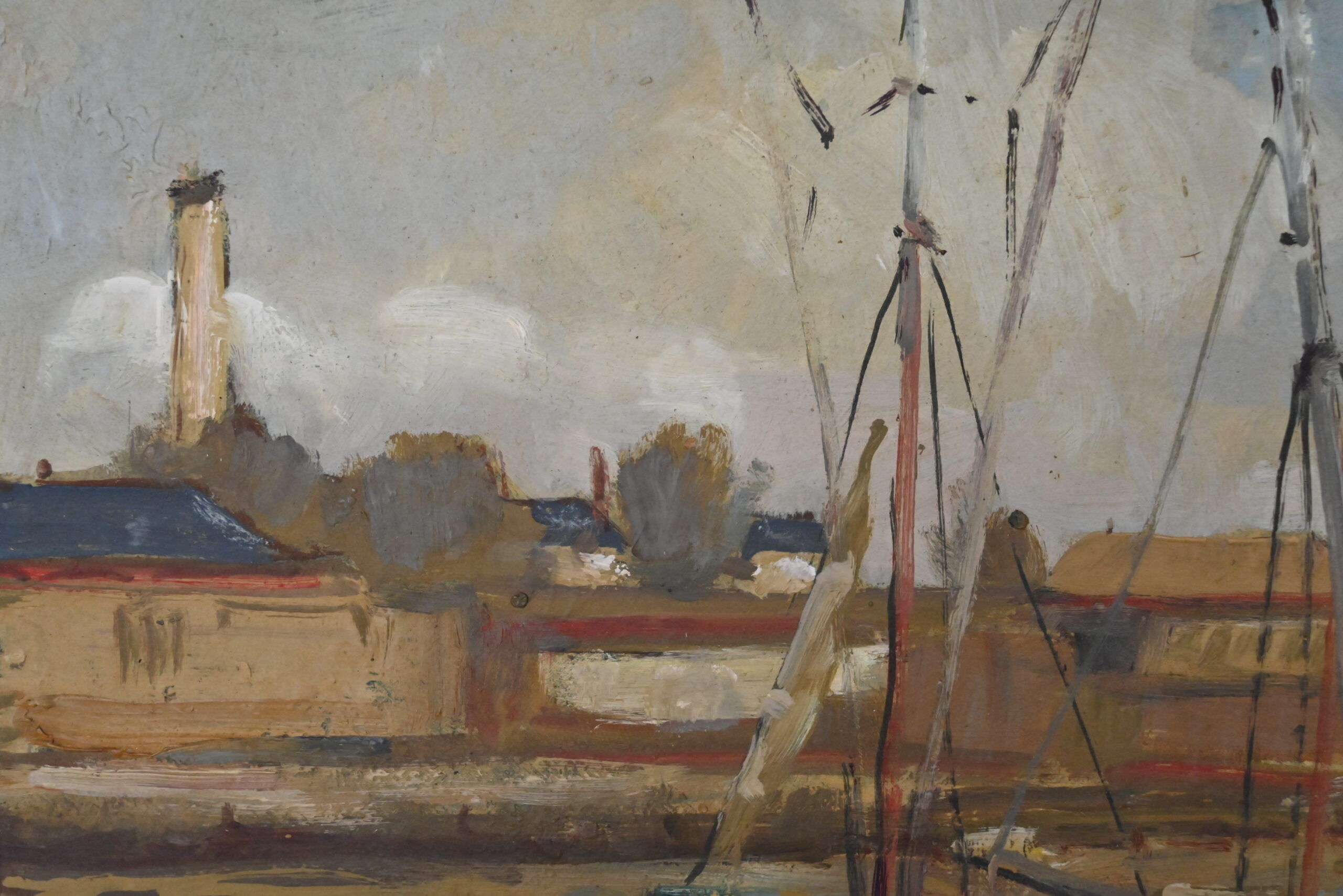 Painting "Thoniers at Dock", oil on panel, signed G. Boulard – Mid 20th century