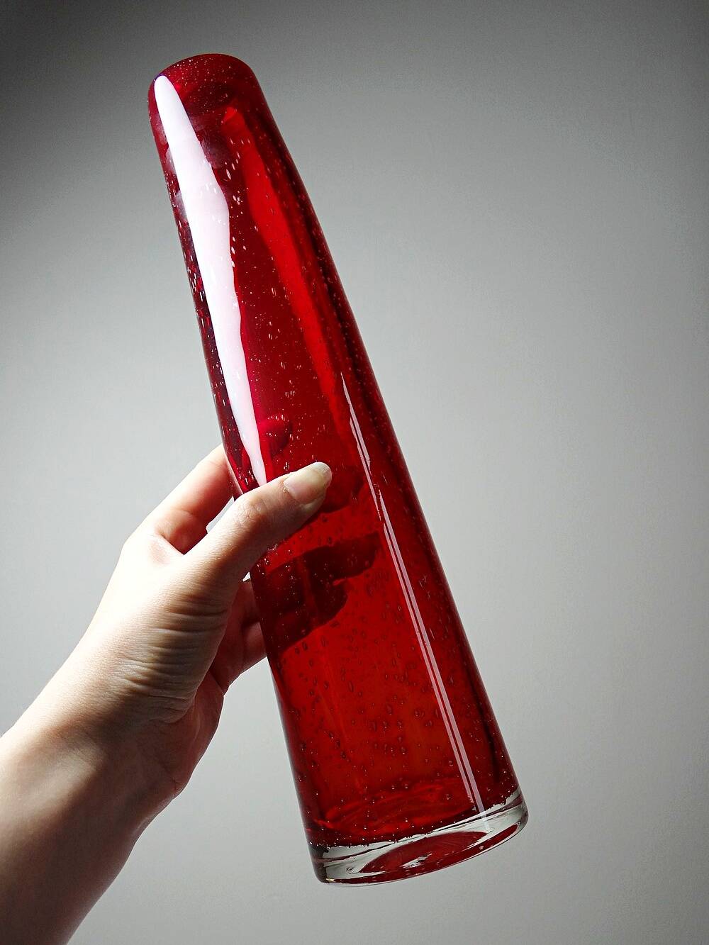 Red blown glass bubble tube vase in Murano style, vintage 80s-90s.