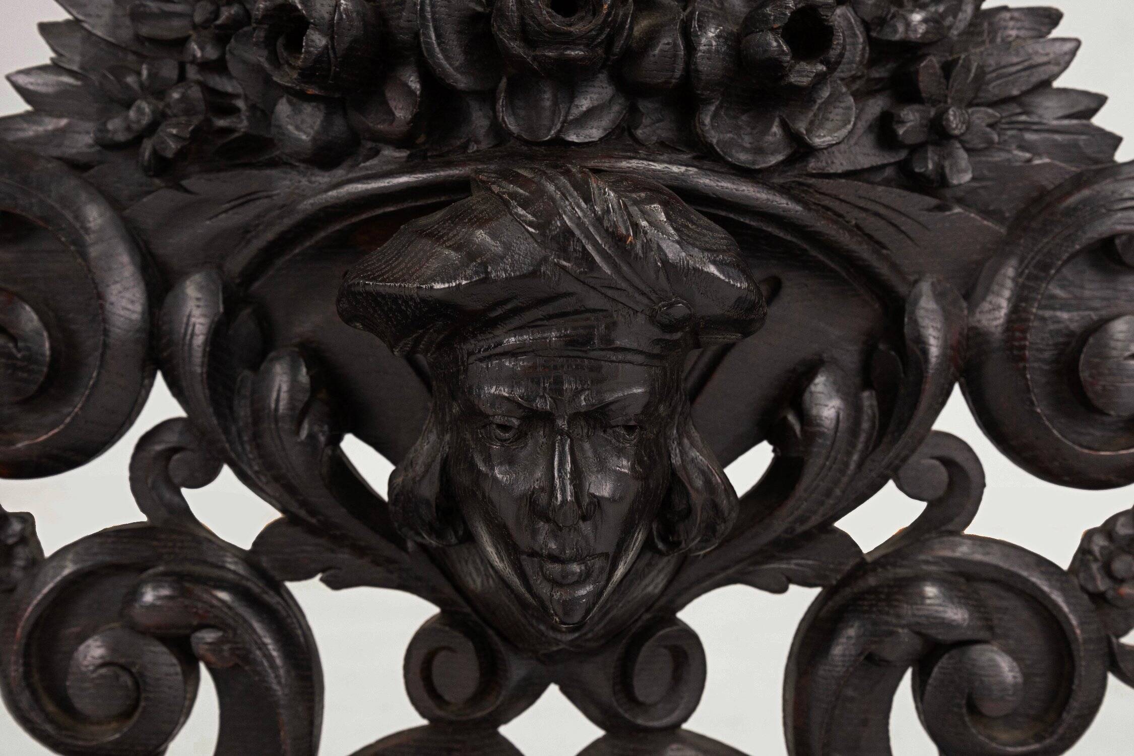 Baroque Richly Carved Black Wooden Sculptured Shelf, France, 1850s