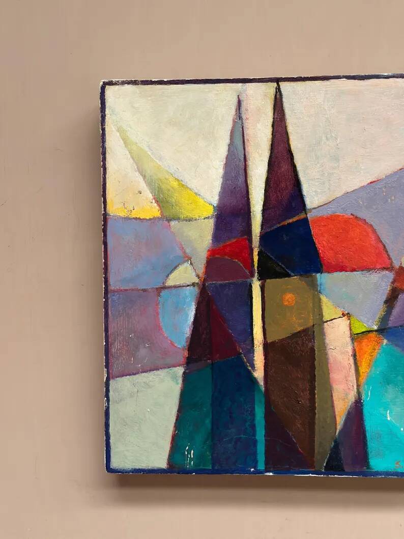 Oil on Swedish panel – 'Geometric Composition' by Stellan Widholm – Signed – vintage and framed – 35 × 32 × 5 cm