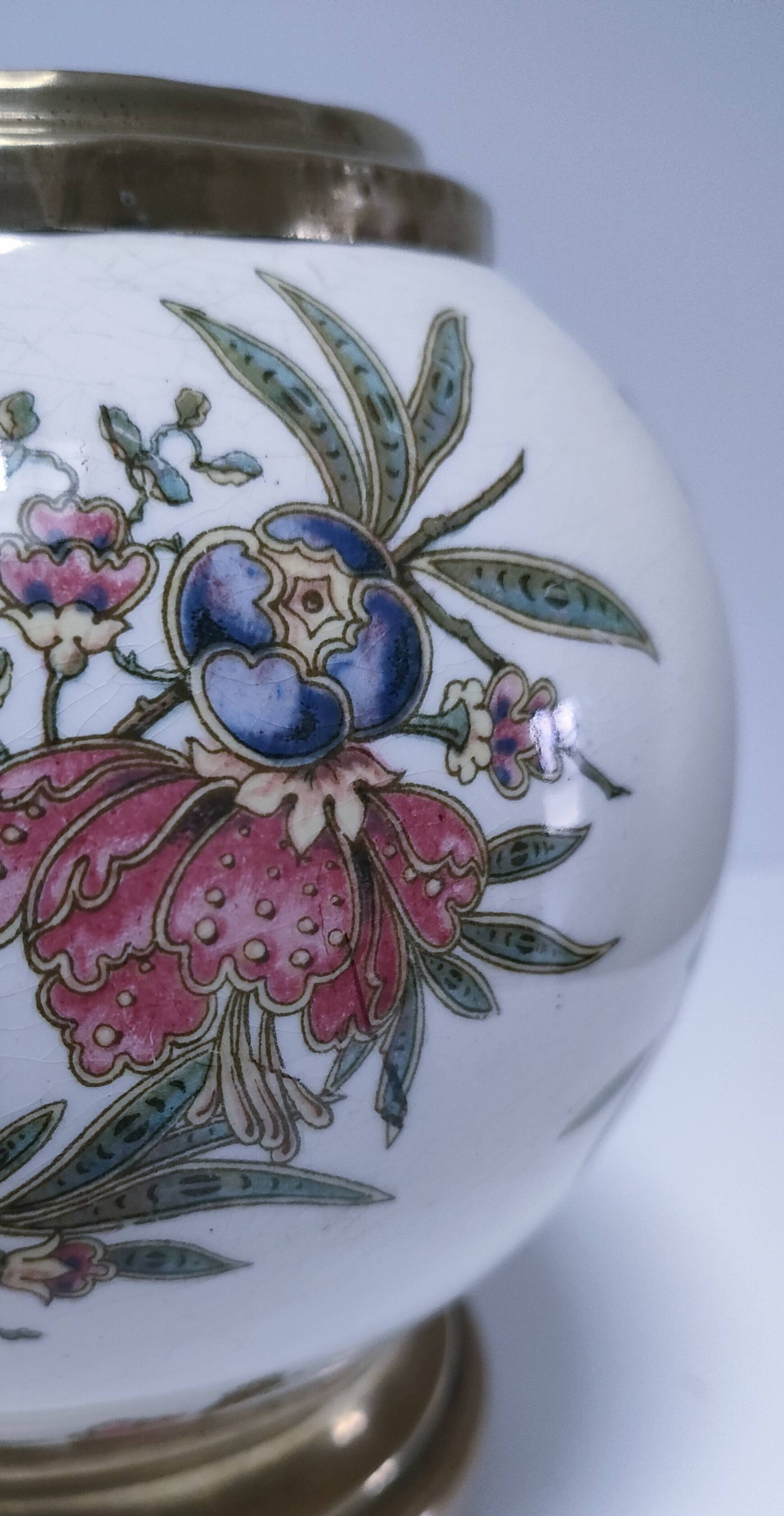 round vase earthenware brass decorated with flowers and insects early 20th century