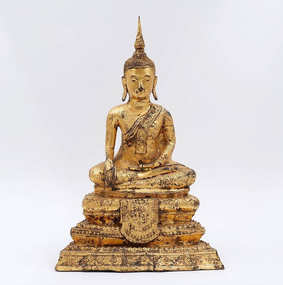 Thai Gilt Bronze Seated Earth Touching Buddha Figure, Late 19th Century