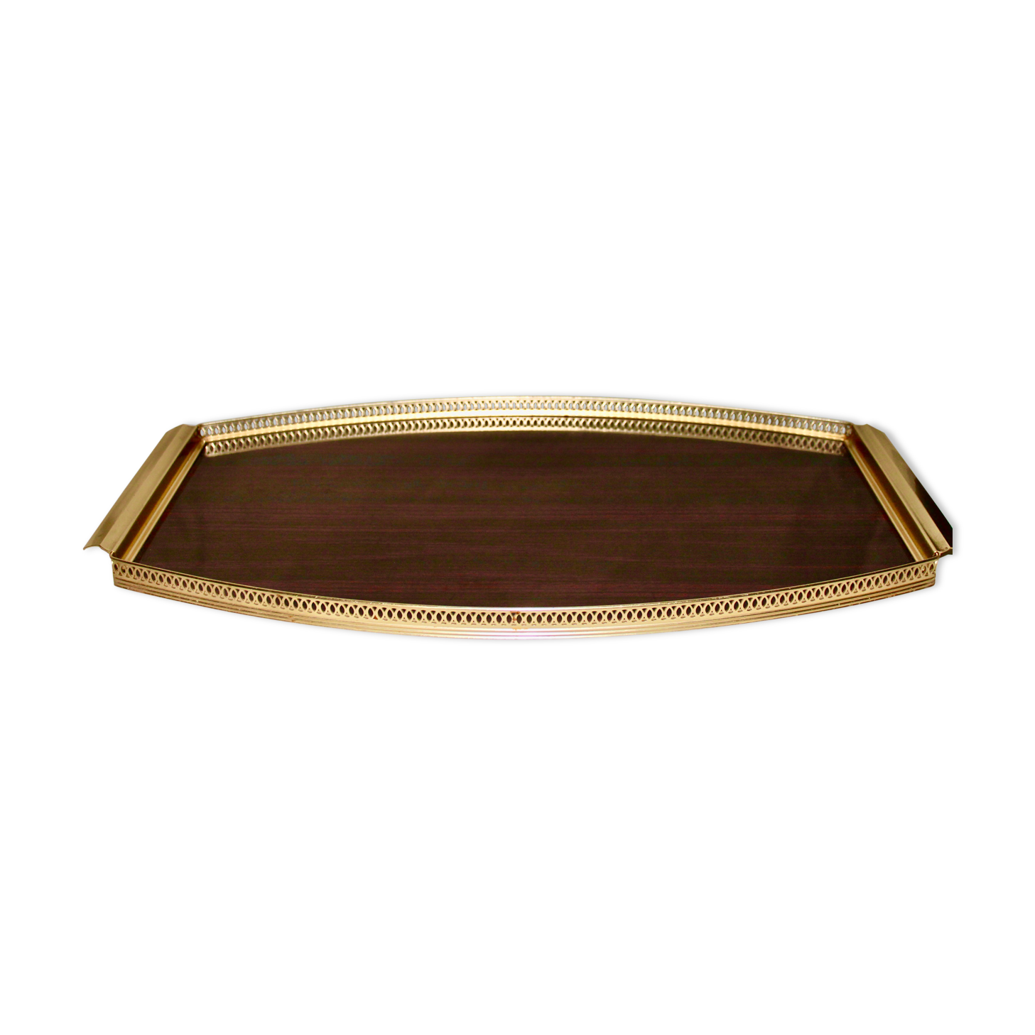 golden metal lace serving tray and wood veneer