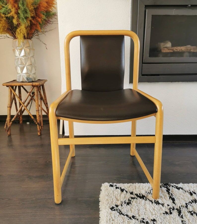 Vintage wooden chair with skai leather seat, 1990