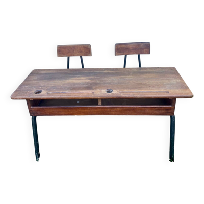 Bureau d’écolier double vintage en bois et métal tubulaire noir – Années 60