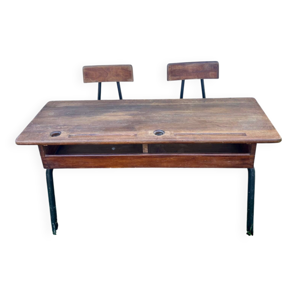 Bureau d’écolier double vintage en bois et métal tubulaire noir – Années 60