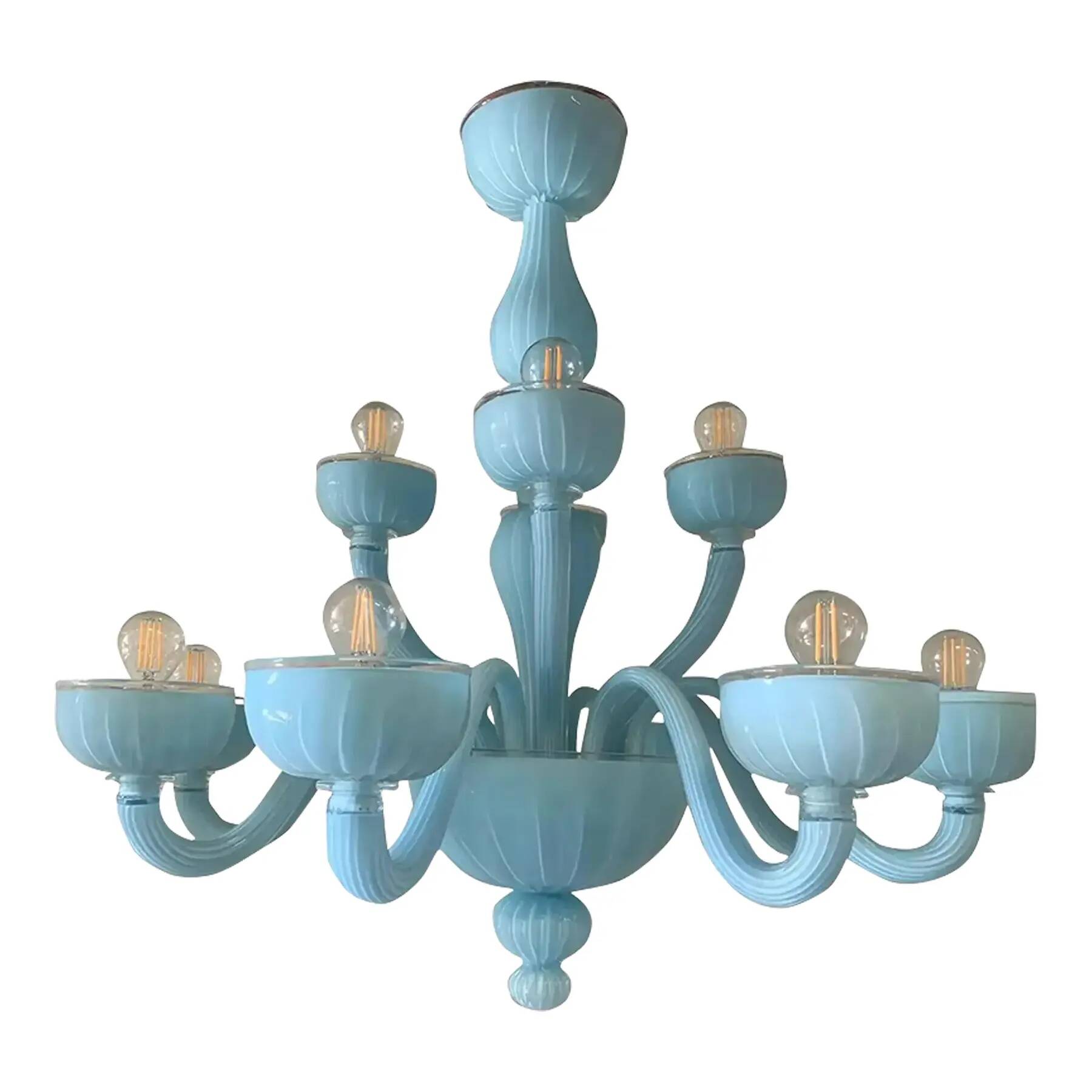 Contemporary Matte Light-Blue Glass Chandelier