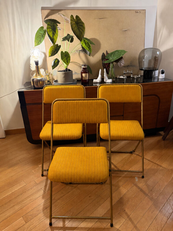3 chaises pliantes Lafuma vintage moutarde