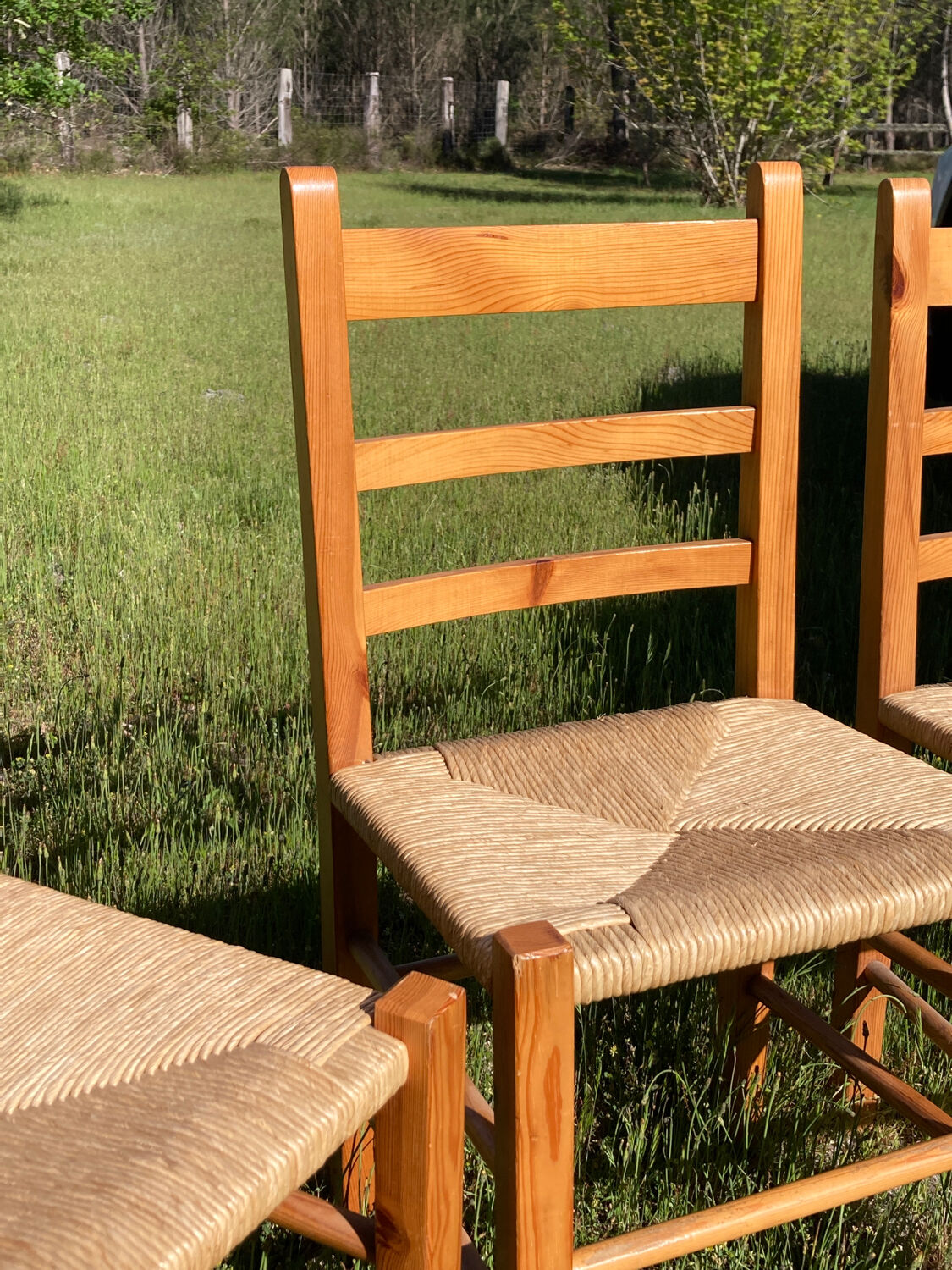 4 straw chairs in vintage pine wood 1980 1990