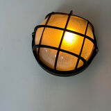 Vintage wall lamp, black metal and ridged glass, France 1980.