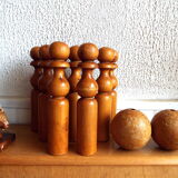 Set of 9 turned wooden pins