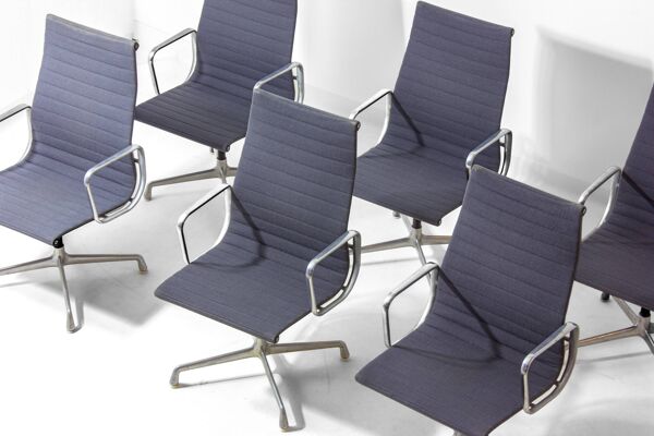 Ensemble de 6 chaises de bureau Herman Miller EA109 en tissu bleu-gris, années 1980