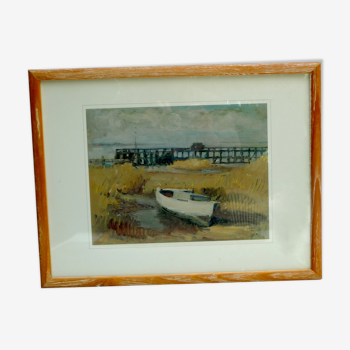 Photo ancienne imprimée sur papier 300 gr d'une peinture de bateau sur le quai + cadre en bois +verre