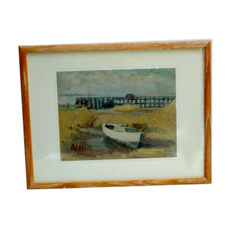 PHOTOANCIENNE PRINTED ON PAPER 300 GR OF A BOAT PAINTING ON THE DOCK + WOODEN FRAME + GLASS