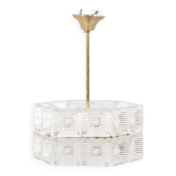 Lampe à suspension en cristal et laiton de Carl Fagerlund pour Orrefors, Suède, 1960