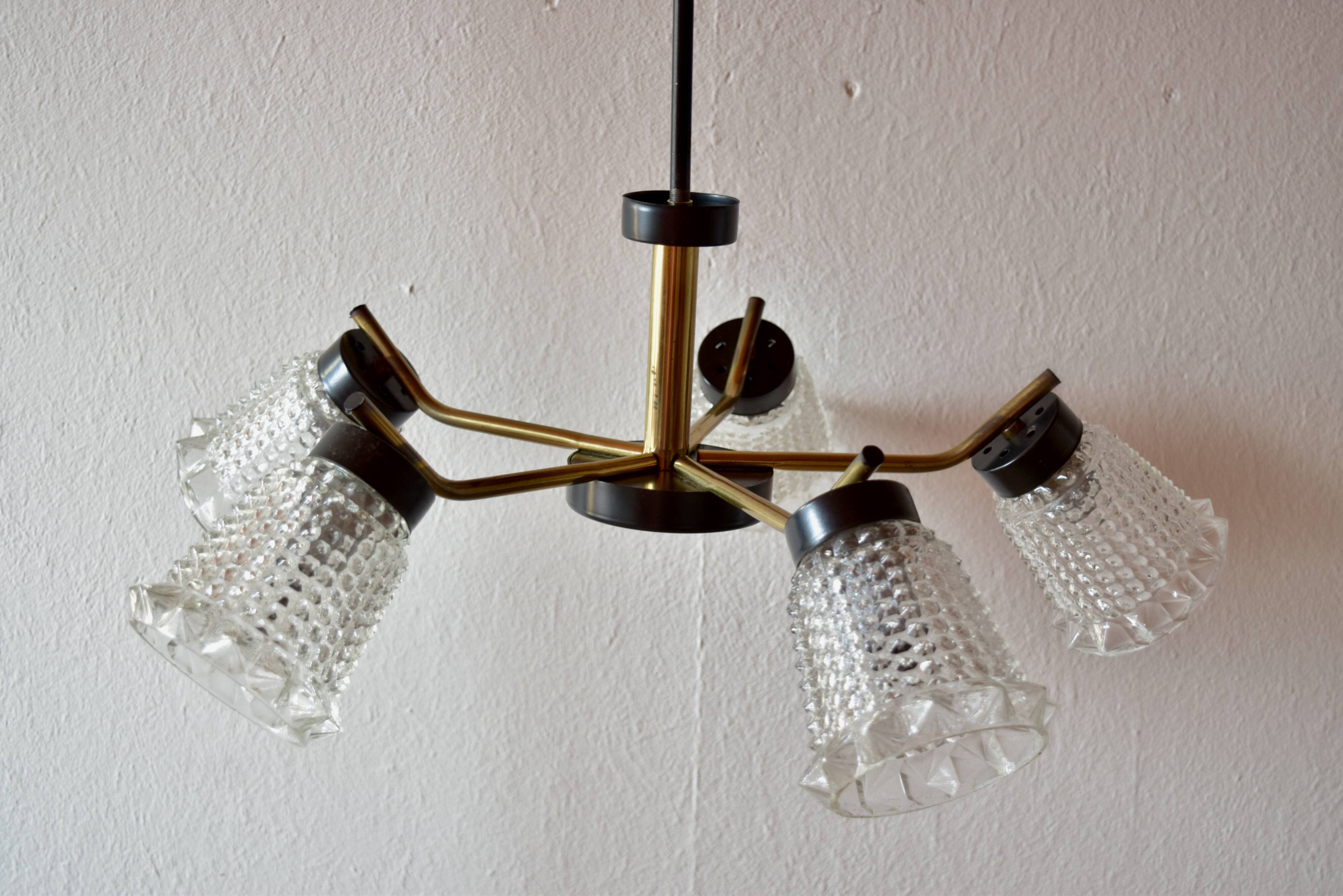 Vintage chandelier in molded glass, brass and steel - 5 branches - 1960s