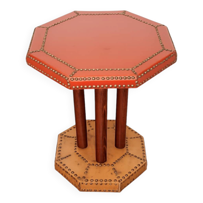Table basse, années 1920, bois de hêtre et cuir, vintage