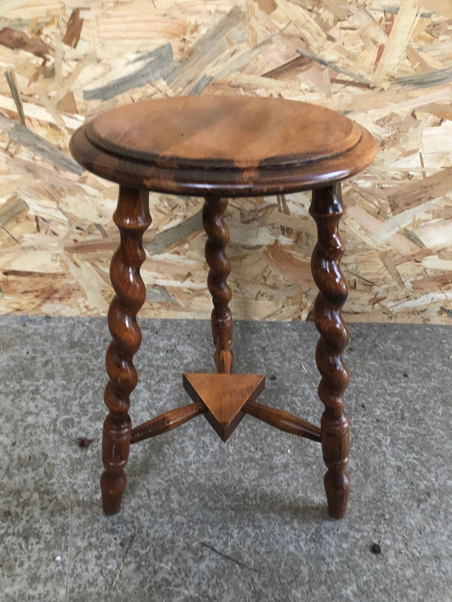 Old milking stool twisted feet vintage wood