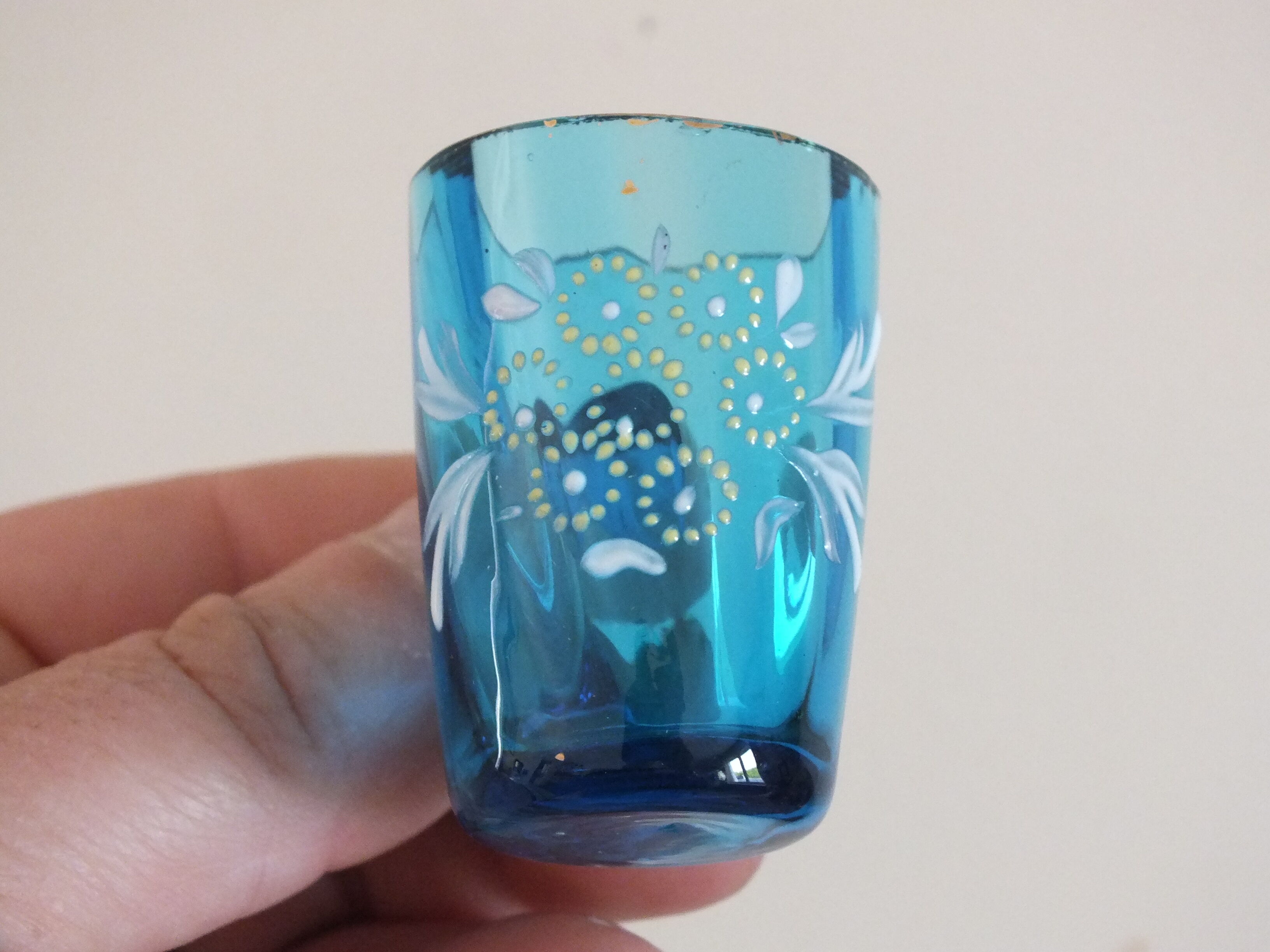 6 antique liquor cups in blue enamelled glass