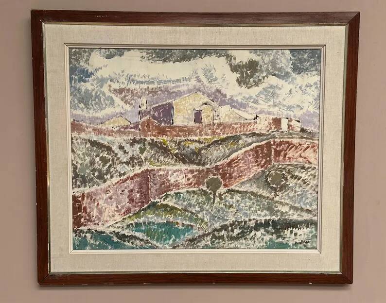 Original Swedish Oil on Canvas – "Landscape with Buildings" by Gösta Nordblad – Signed – Vintage and Framed