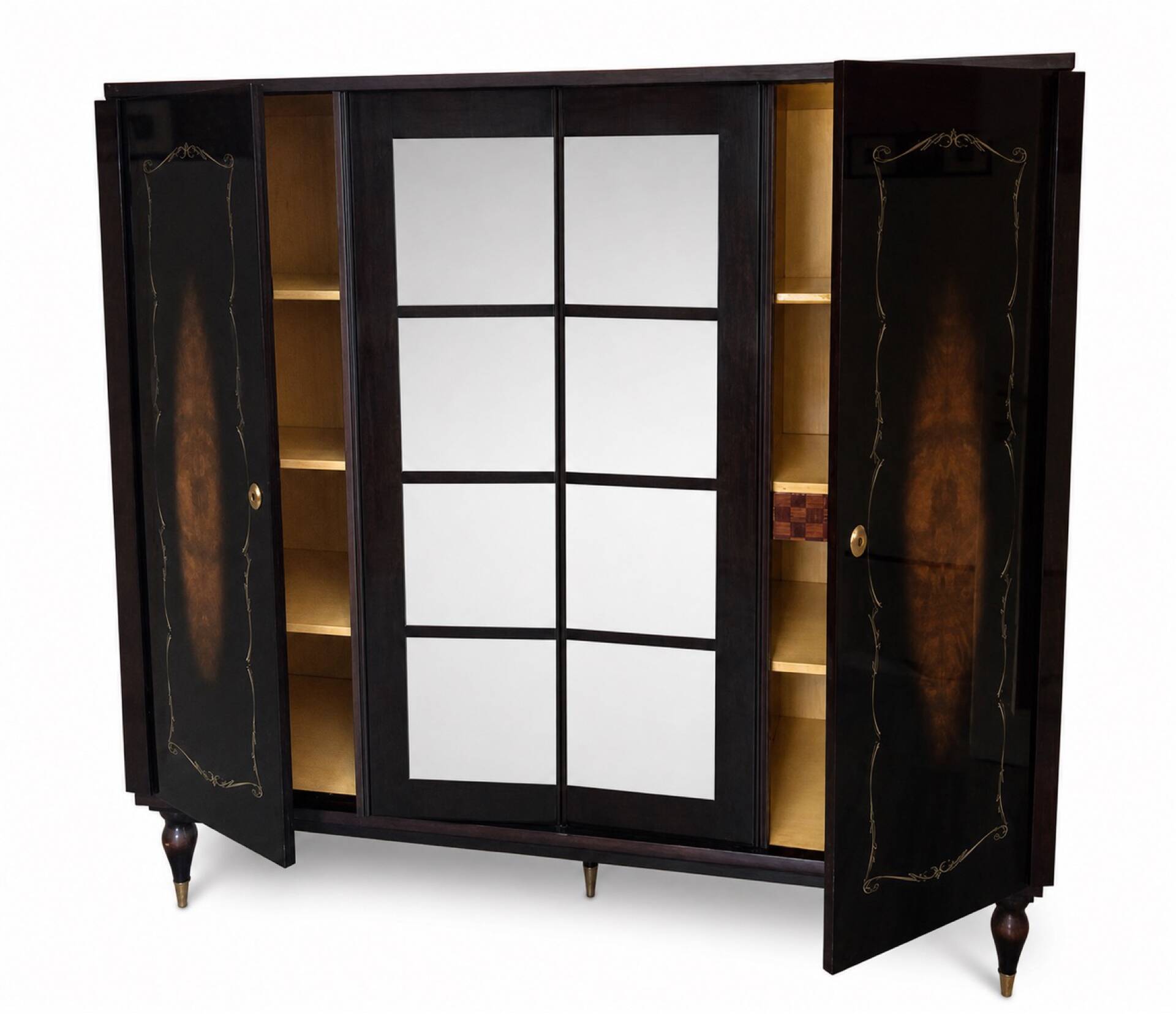 Art Deco style walnut veneer wardrobe – 4 doors and mirror