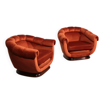Italian lounge chairs from the 1950s in orange copper velvet