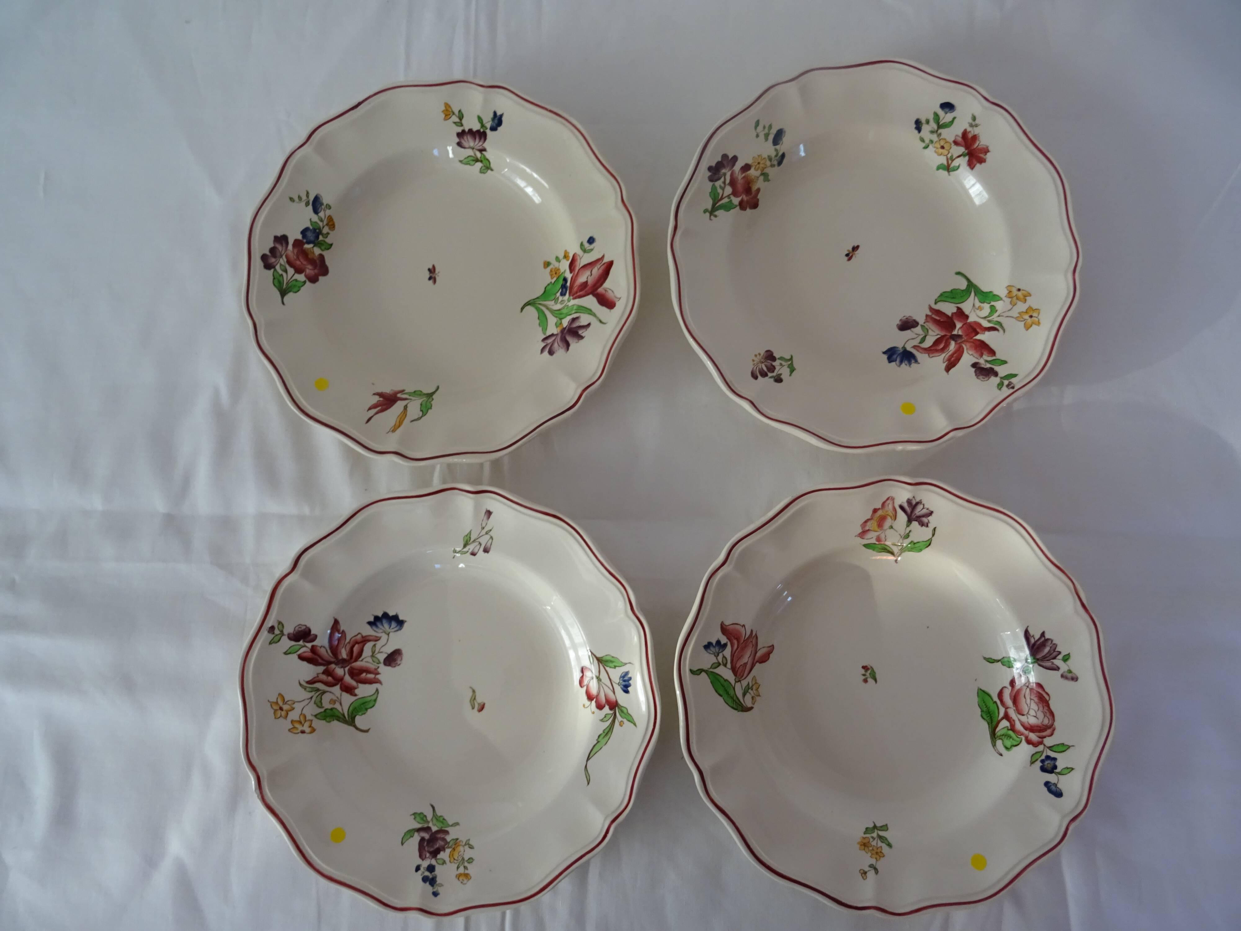 4 plates sarreguemines, hollow faience flowers strasbourg