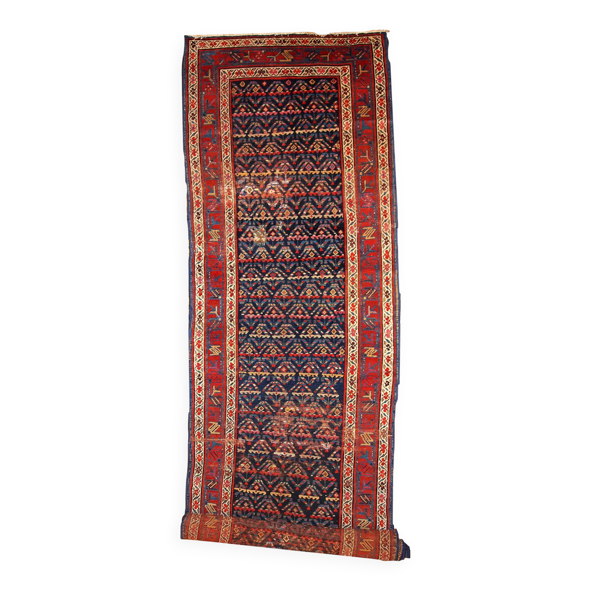Tapis couloir ancien persan kurde fait main, usé, 103 cm x 375 cm, années 1900.