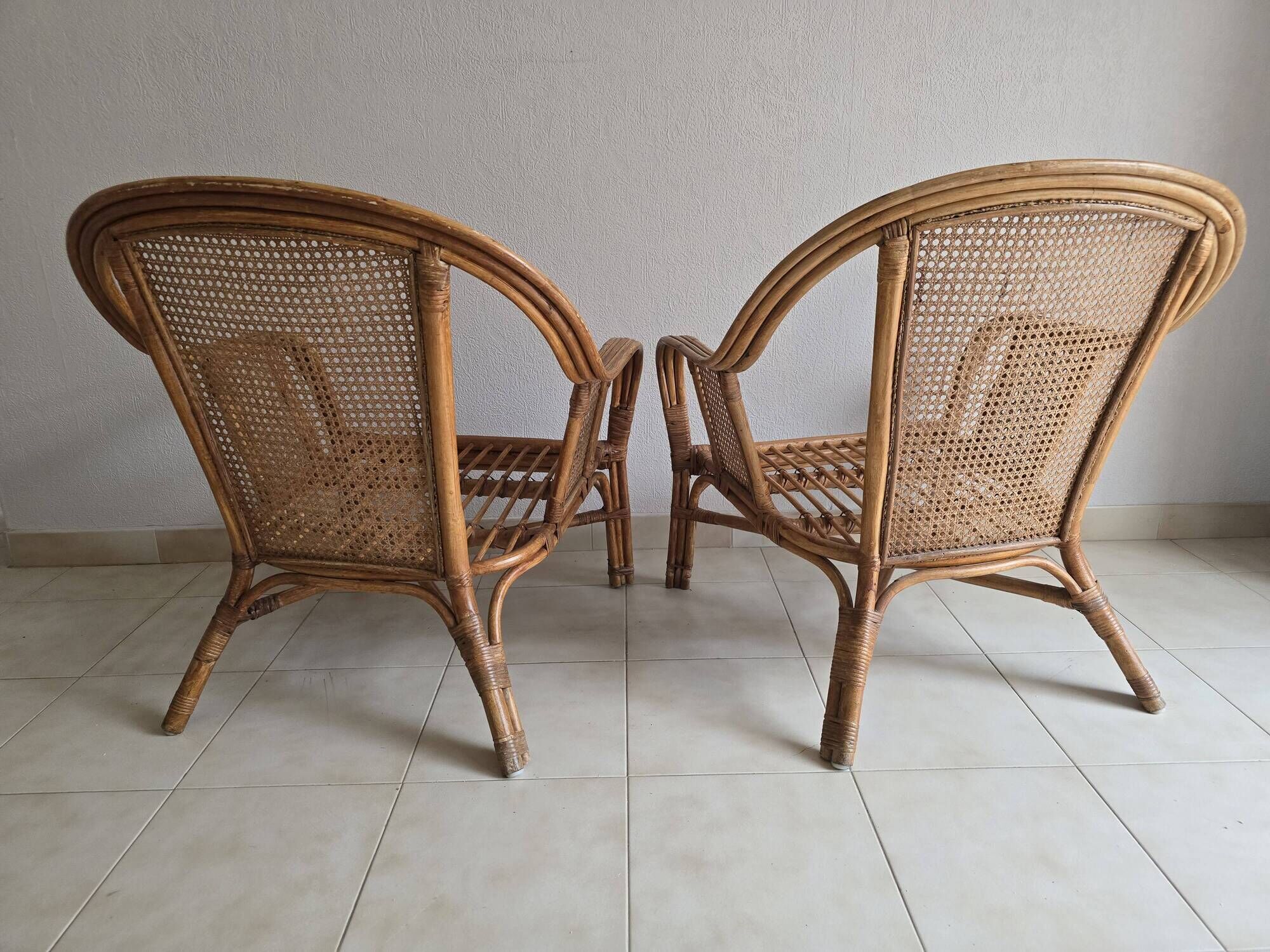 Pair of vintage rattan and cane armchairs – 1960s/70s