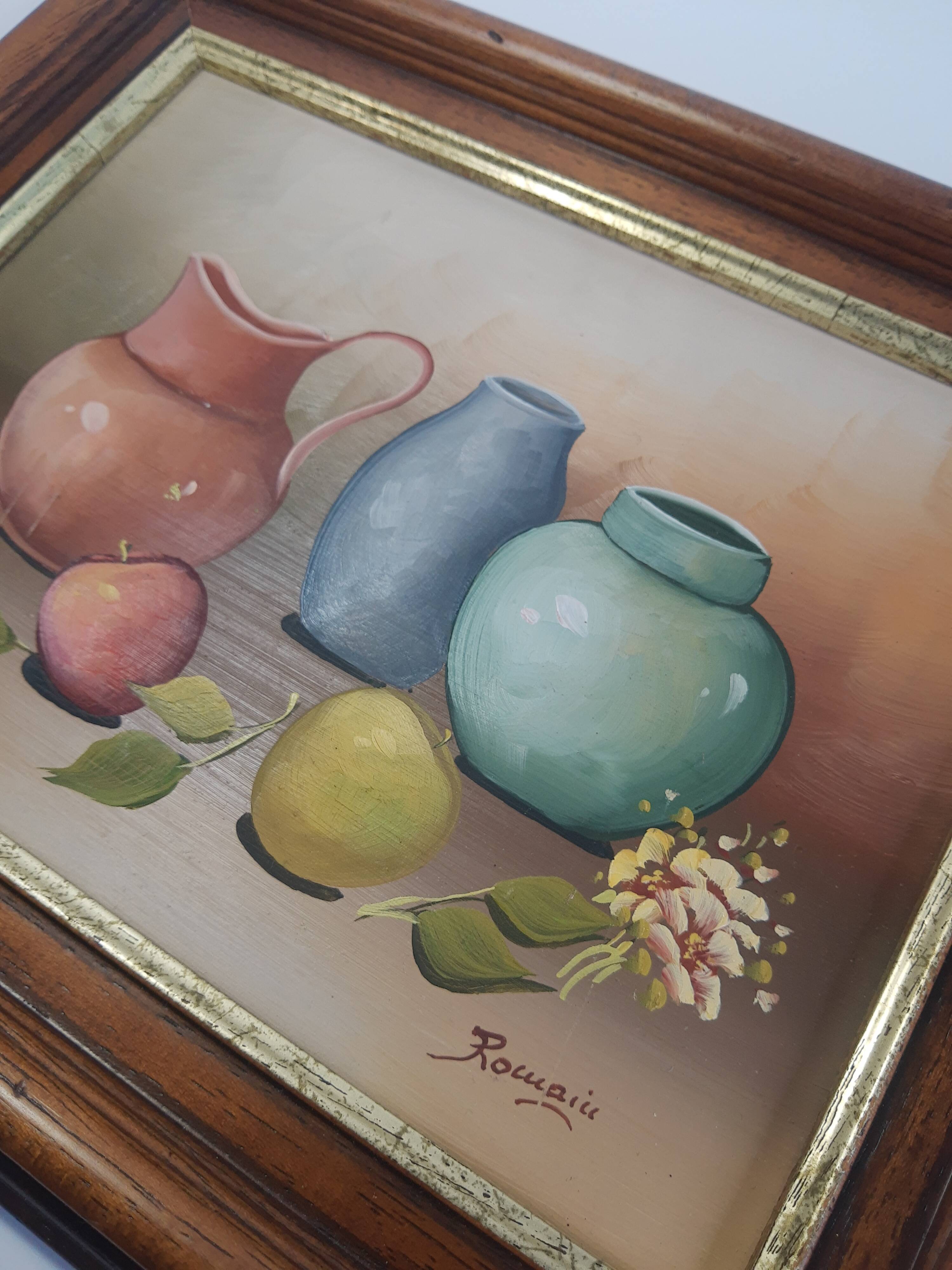 Still life painting frame signed vintage