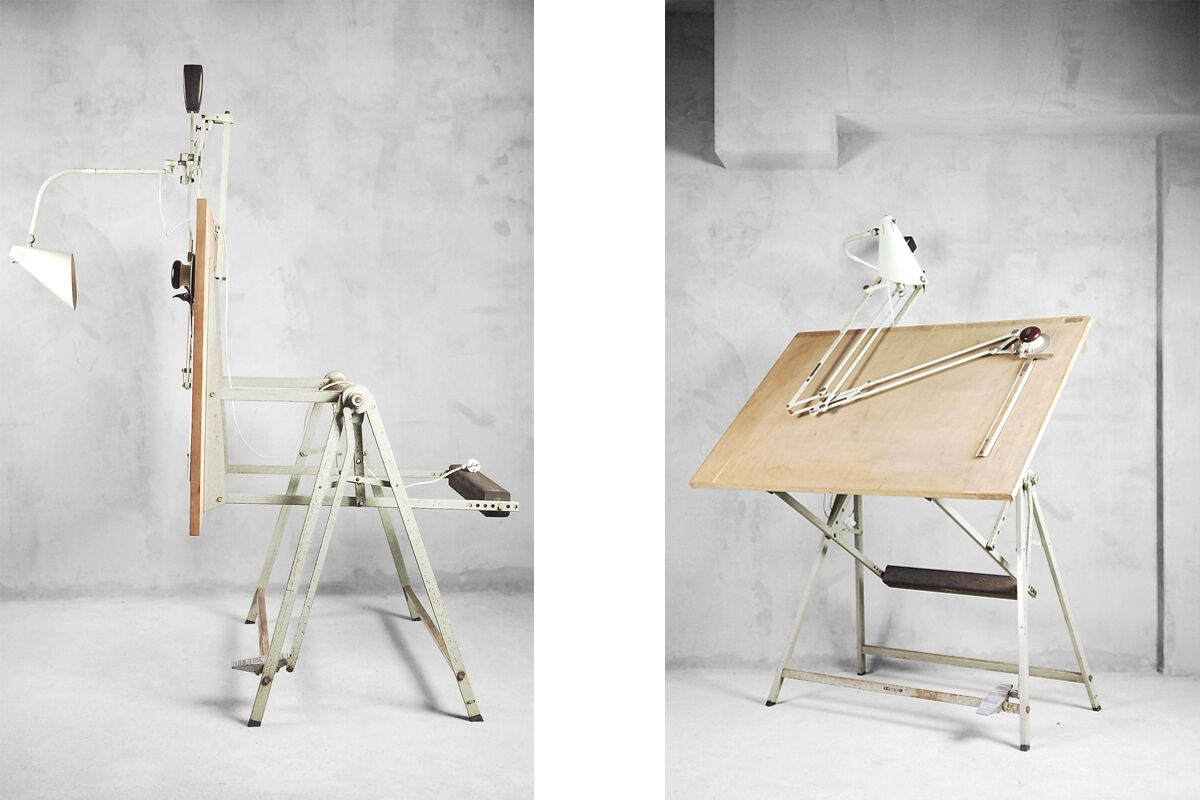 Dutch industrial drawing or architect's table witch lamp from rotanex-pool, 1950s