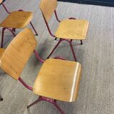 Set of 4 light wood school chairs with fuchsia legs, Netherlands, 1970s