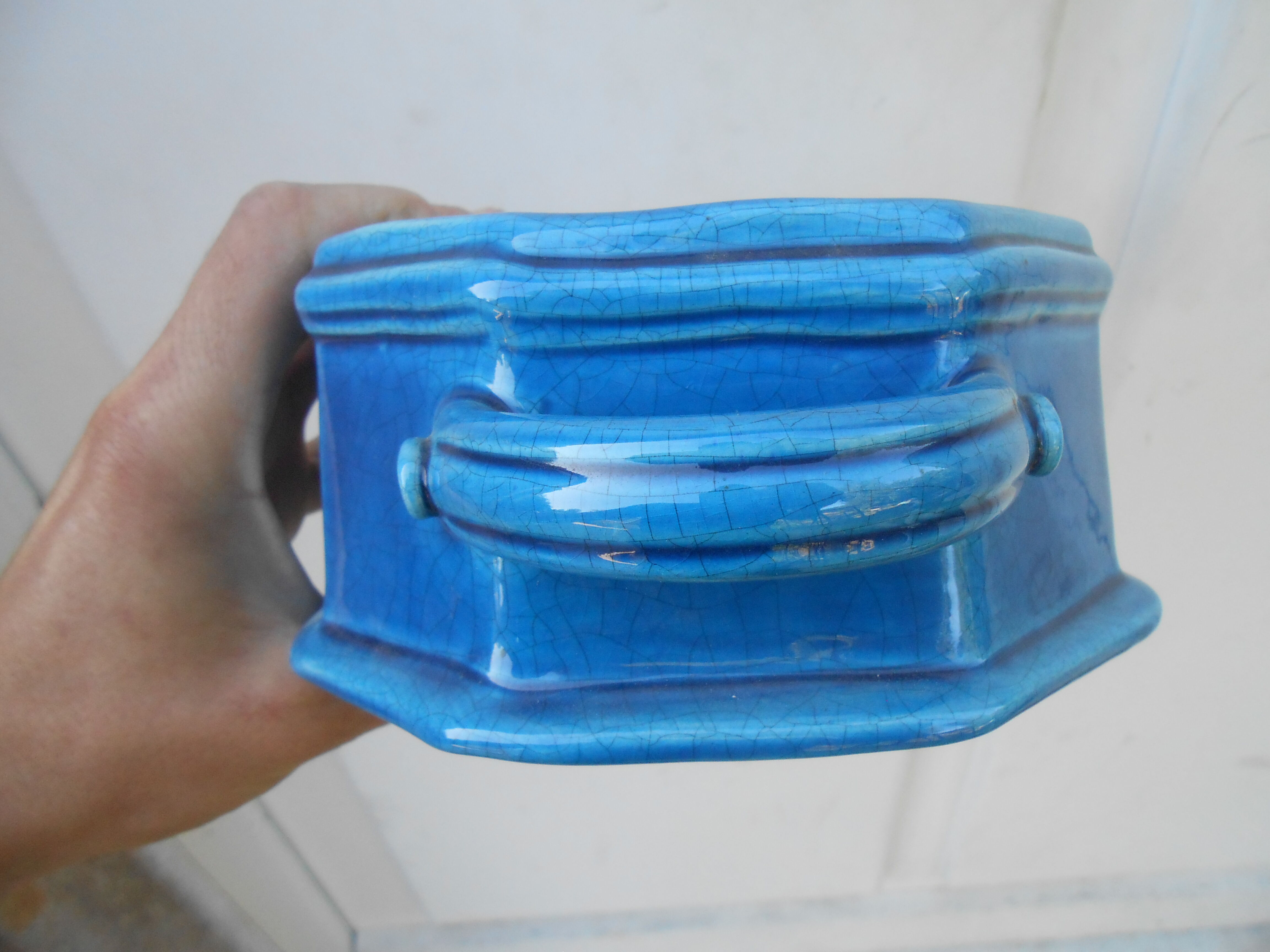 Blue cracked ceramic planter