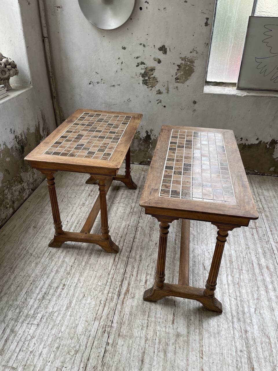 Set of two bistro tables in walnut and tiling from 1890.