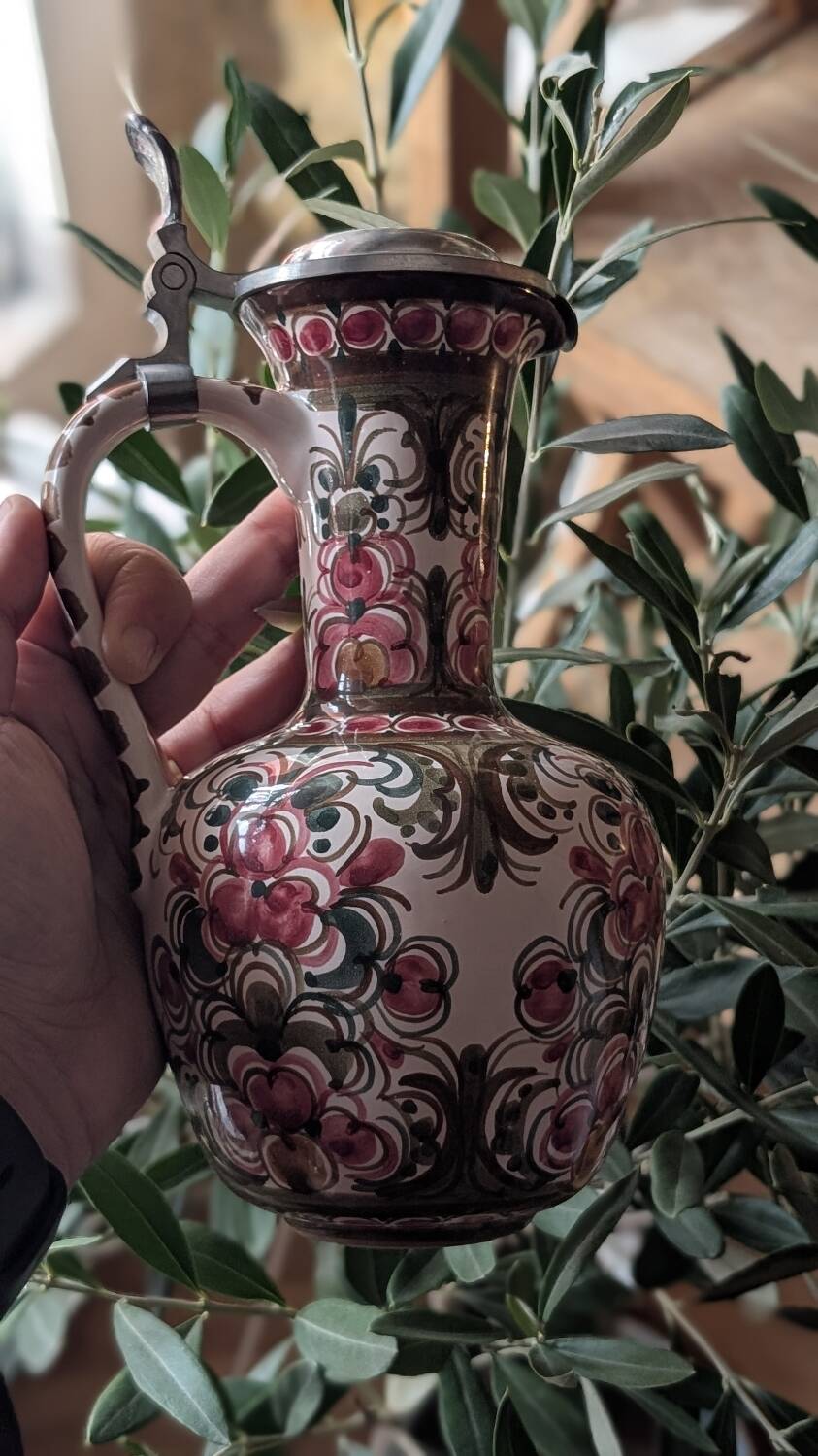 Antique hand-painted earthenware pitcher – Red and green floral decoration