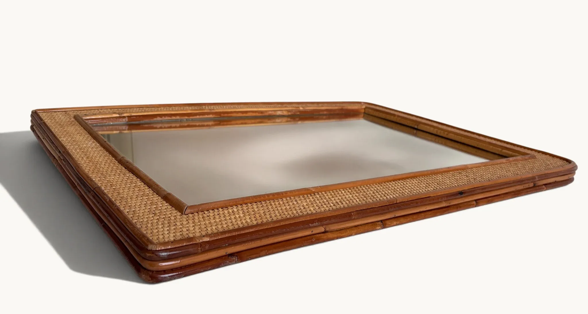 1970s Mid-Century Rattan and Pencil Reed Large Mirror, Spain