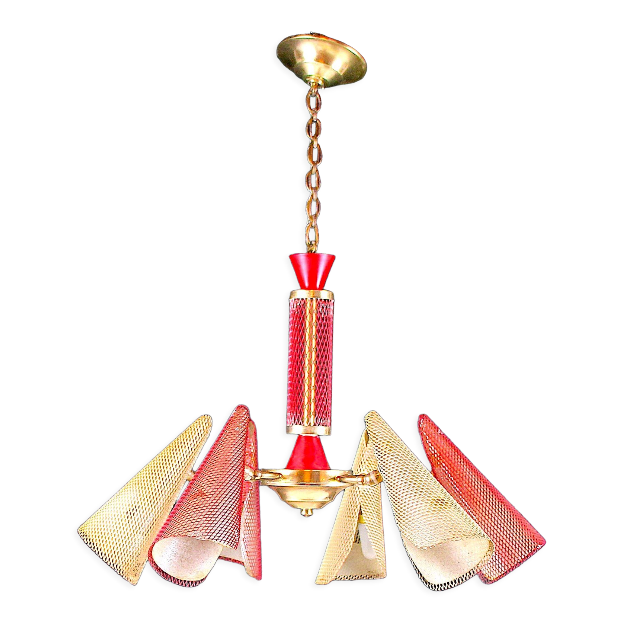 Bi-color chandelier, perforated metal, France Mid-Century