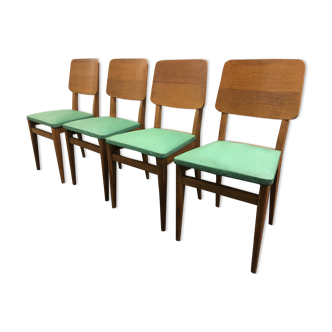 Lot 4 vintage chairs 50s in light oak and upholstery in green skaï