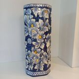 Porte parapluie octogonal en faïence bleue vintage