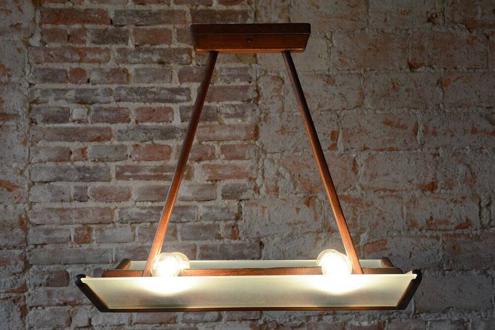 Mid-Century Chandelier in Beech and Milk Glass, Czech, 1950s