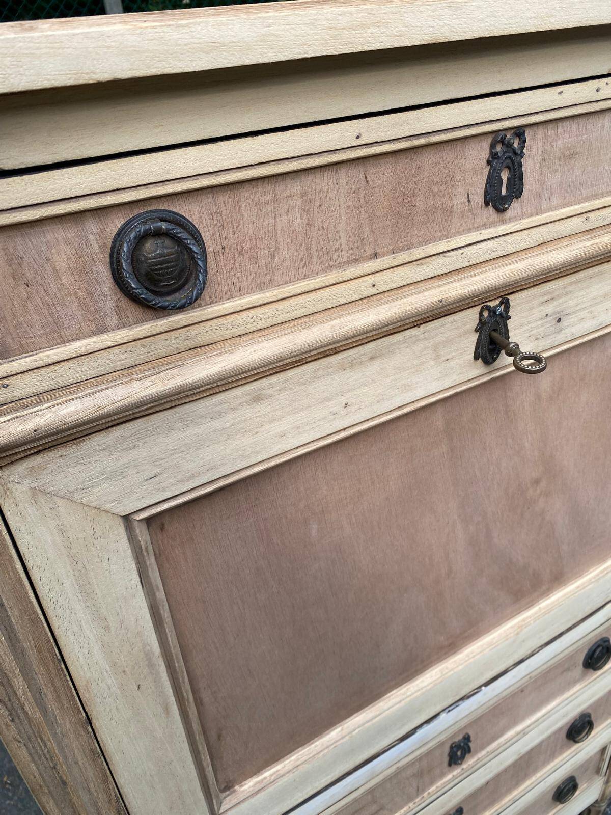 Secretary Louis XVI in stripped solid pine with a drop-down front and red leather, 1950.