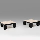 Set of 2 mid-century coffee tables in oak with travertine top