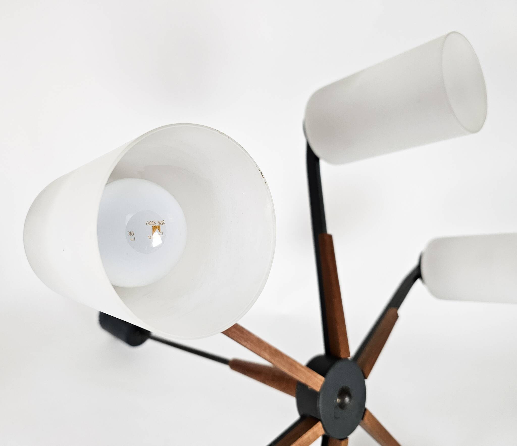 Vintage - Denemarken - 6 armige plafonlamp - teak - metaal - opaal glas - 60's