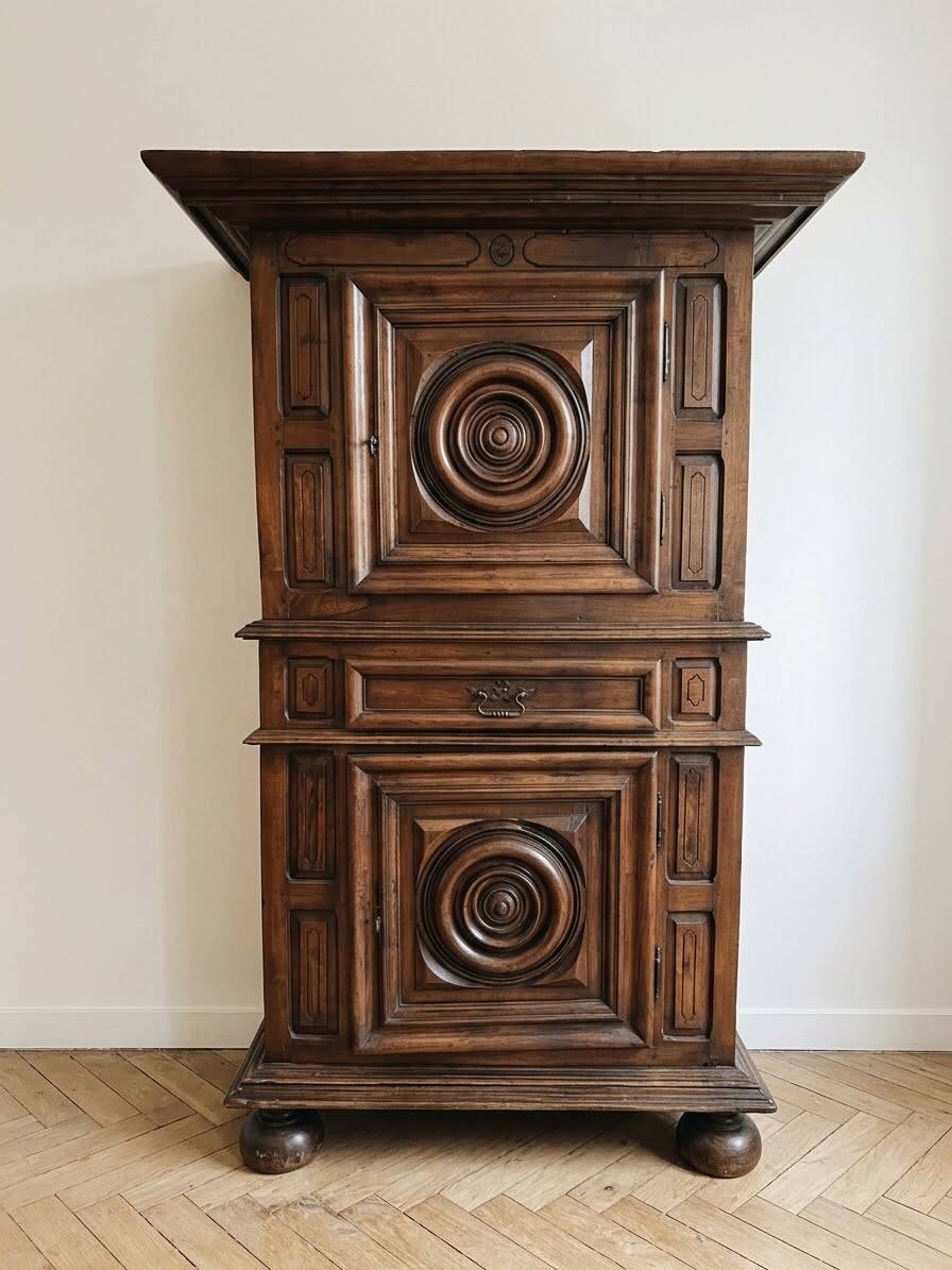 Antique Louis XIII bonnetière in carved solid wood.