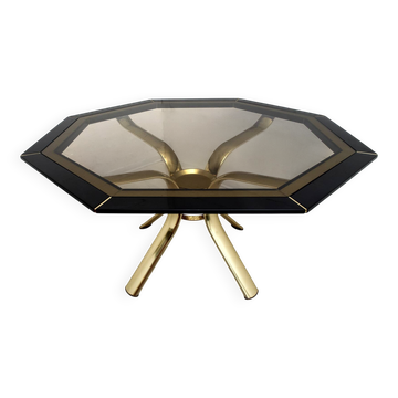 Octagonal Dining Table Black Lacquer with Brass Inserts, 1980