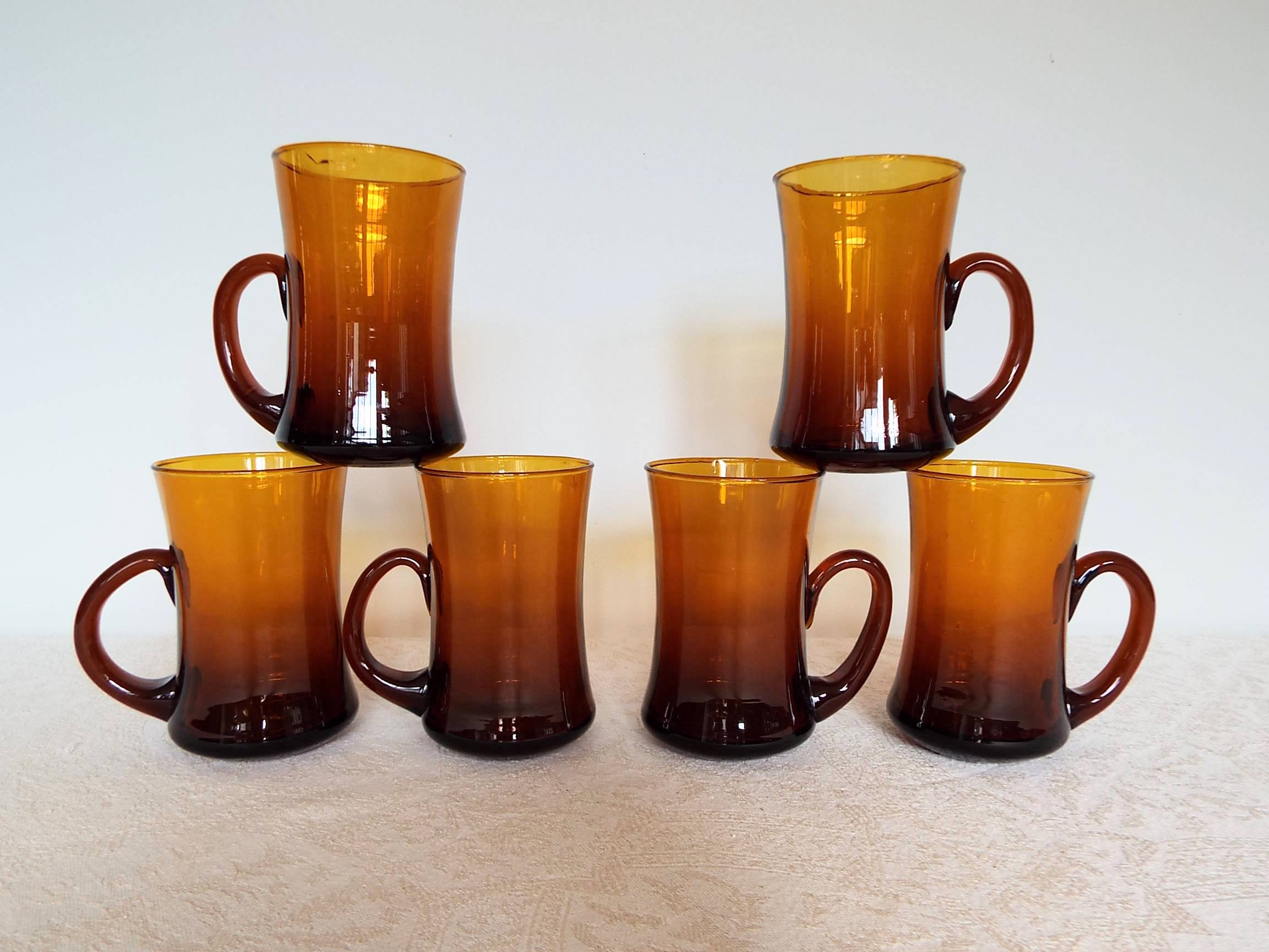 6 amber glass tea cups